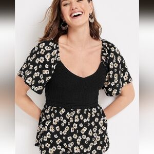 Maurices Black Floral Mixed Media Top with Crochet Detail - Size M